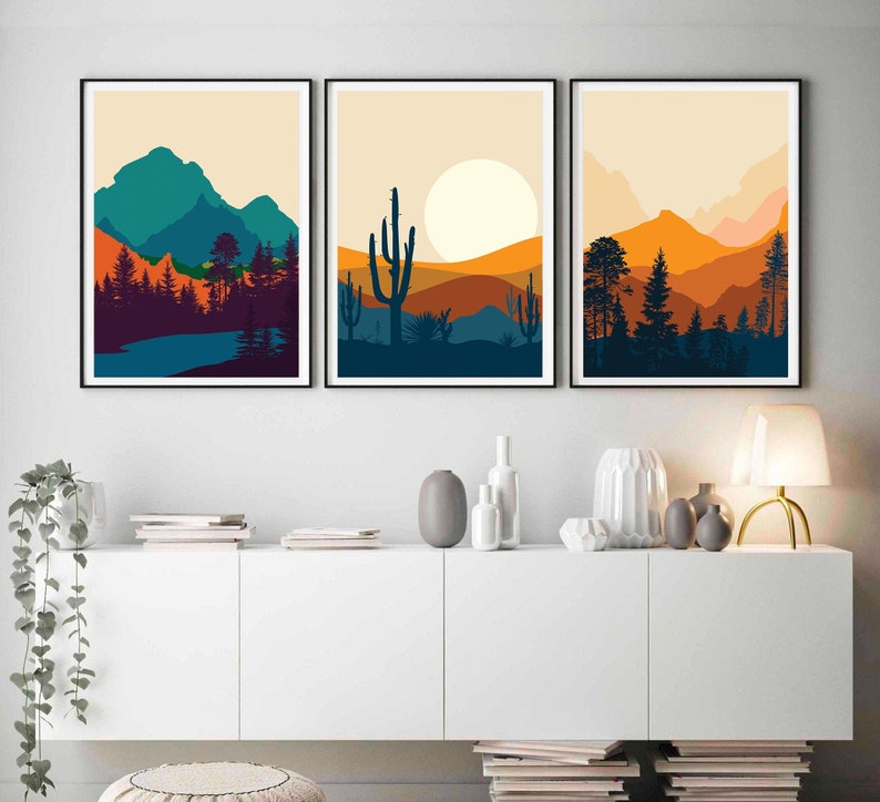 Mid century modern art print set of 3 landscape, Sun mountain Art print nature modern decor set of 3 prints scandinavian wall art, printable image 1