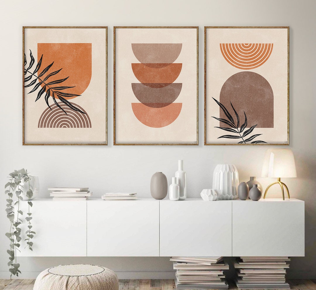 Mid Century Modern Art Print Set of 3, Neutral Geometric Wall Art ...
