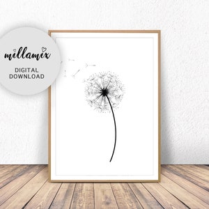 Dandelion Print, Black White Print, Botanical Print, Wall Art Print, Black White Art, Botanical Wall Art, Flower Wall Art, Minimalist Print