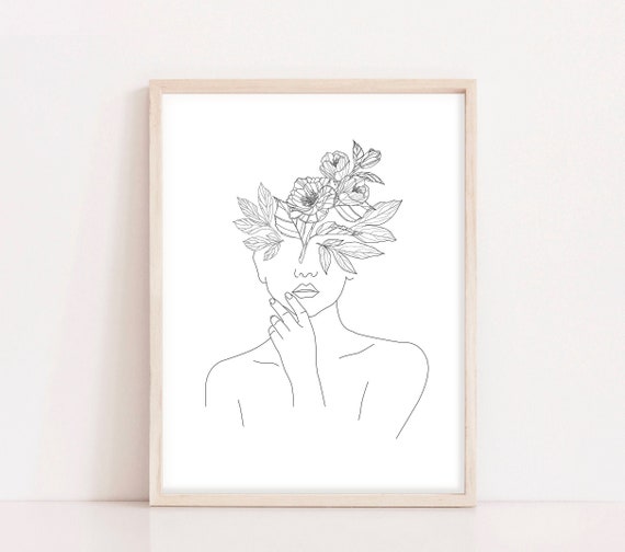 Line Art Woman With Flowers Flower Woman Line Art Woman With Flowers Wall Art Minimal Line Drawing Woman Head Of Flowers Art Print