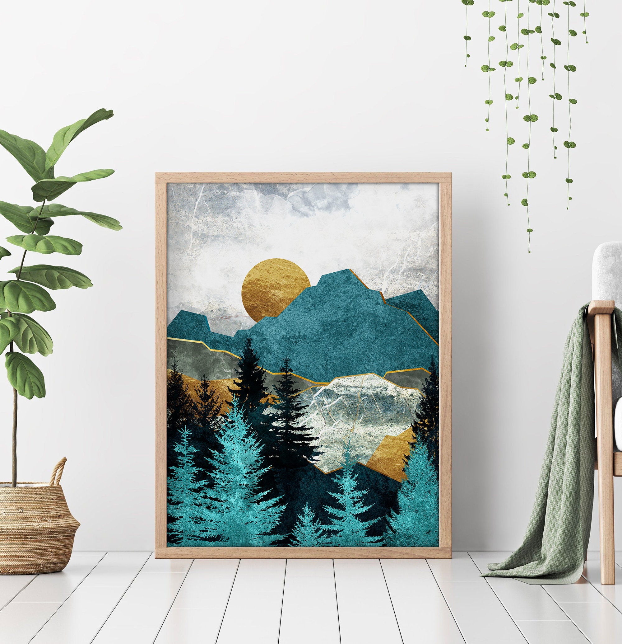 Mountain Forest Sunset Abstract Painting Nordic Landscape Canvas Poster Print 