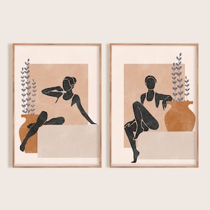 Boho Art, Woman Line Drawing Print Set of 2, Abstract Woman Printable Wall Art, Terracotta, Burnt Orange Face Digital download, Minimal Art