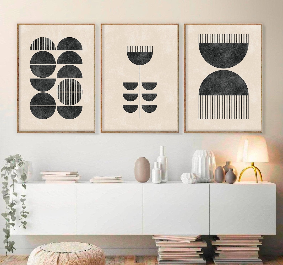 Mid Century Modern Wall Art Print Set of 3, Neutral Abstract Geometric ...