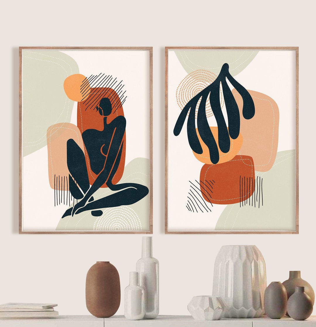Wall Decor Living Room Mid Century Modern Set of 2 Prints, Minimalist
