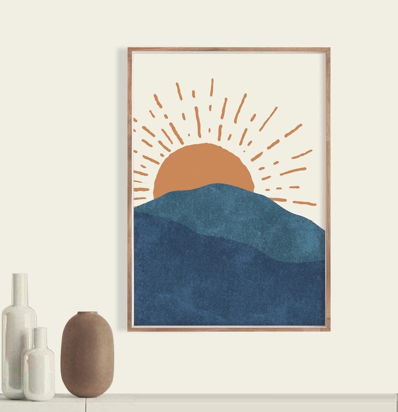 Sun and Moon Wall Art Abstract Landscape Boho Sun and Moon print set of 2 Sun and moon print Mid century modern art Boho image 2