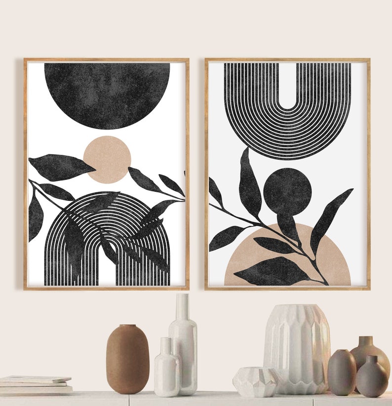 Mid Century Modern Black White Beige Minimal Gallery Art Wall Art Print Set of 2, Neutral Abstract Geometric Digital Download Prints 