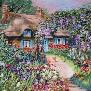 Ribbon embroidery picture &quot;Cozy garden with cat&quot;. Ceeport