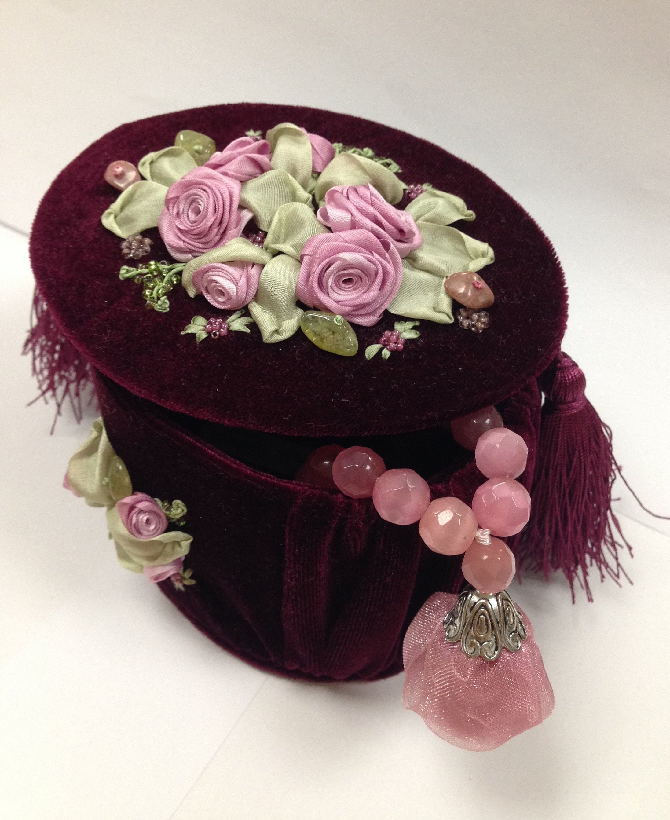 Casket With Silkribbon Embroidery Decor in Burgundy. Etsy