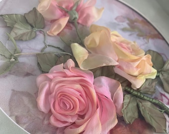 Big picture with silk ribbon embroidery Roses in green frame
