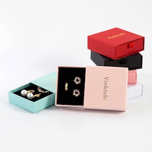 50pcs Jewelry Paper Box Custom Ring Box with Balck Sponge Personalized Logo Necklace Package Bulk White Drawer Cardboard Box Package Supply