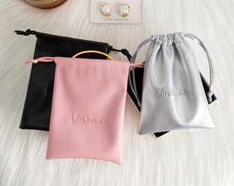50PCS Custom Logo Soft PU Leather Drawstring Bag Small String Pouch Jewelry Bag Gift Bags for Jewelry Packaging Bulk Wedding Favors
