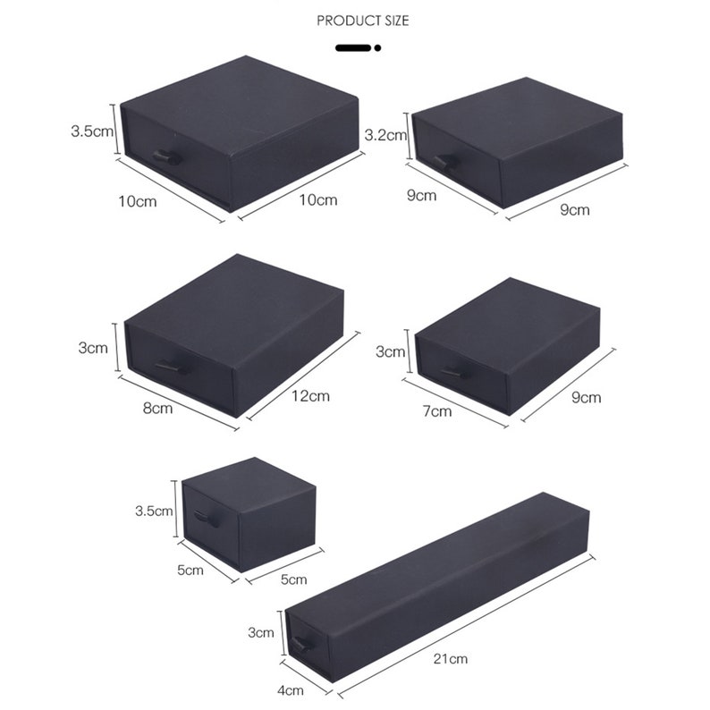 May include: Five black cardboard boxes with drawer pulls. The boxes are various sizes, ranging from 4cm x 21cm to 10cm x 10cm.  PRODUCT SIZE is printed at the top of the image.