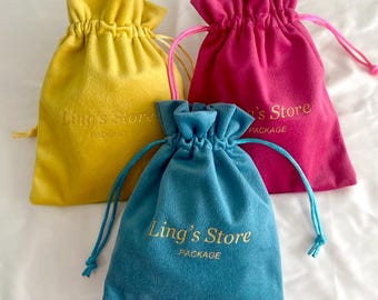 100Pcs CUSTOM COLORS Personalized Velvet Drawstring Jewelry Bags: Logo Print Gift Pouches