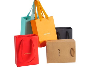 100 pz 12x6x16 cm logo personalizzato sacchetto di carta regalo sacchetto di carta kraft borse regalo di nozze sfuso con manici imballaggio per la spesa