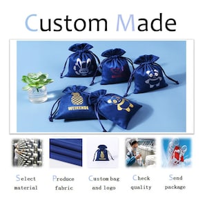 May include: Assortment of blue velvet drawstring bags with various gold and silver printed designs, including a pineapple, a panda, a bunny, and a watermelon. The bags are displayed on a light blue surface. The text "Custom Made" is displayed at the top of the image. The image shows the process of selecting materials, producing fabric, customizing bags and logos, checking quality, and sending packages.