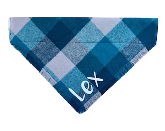 Blue Flannel Plaid Dog Bandana: Over The Collar, Fray Bandana with Name
