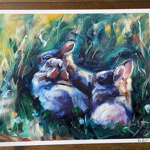 May include: A painting of two rabbits in a field of green grass. The rabbits are painted in a loose, impressionistic style with shades of purple, blue, and white. The background is a blur of green and yellow.