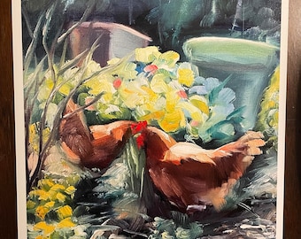May include: A painting of two brown chickens in a garden setting. The chickens are surrounded by green and yellow foliage, and there is a large green pot in the background. The painting is signed "Sue Hart" in the bottom right corner.