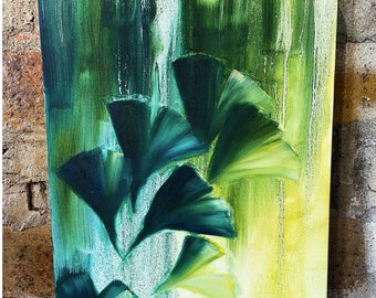 Shades of Green Gingko Original Oil Painting by Bre Kort - Botanical Painting