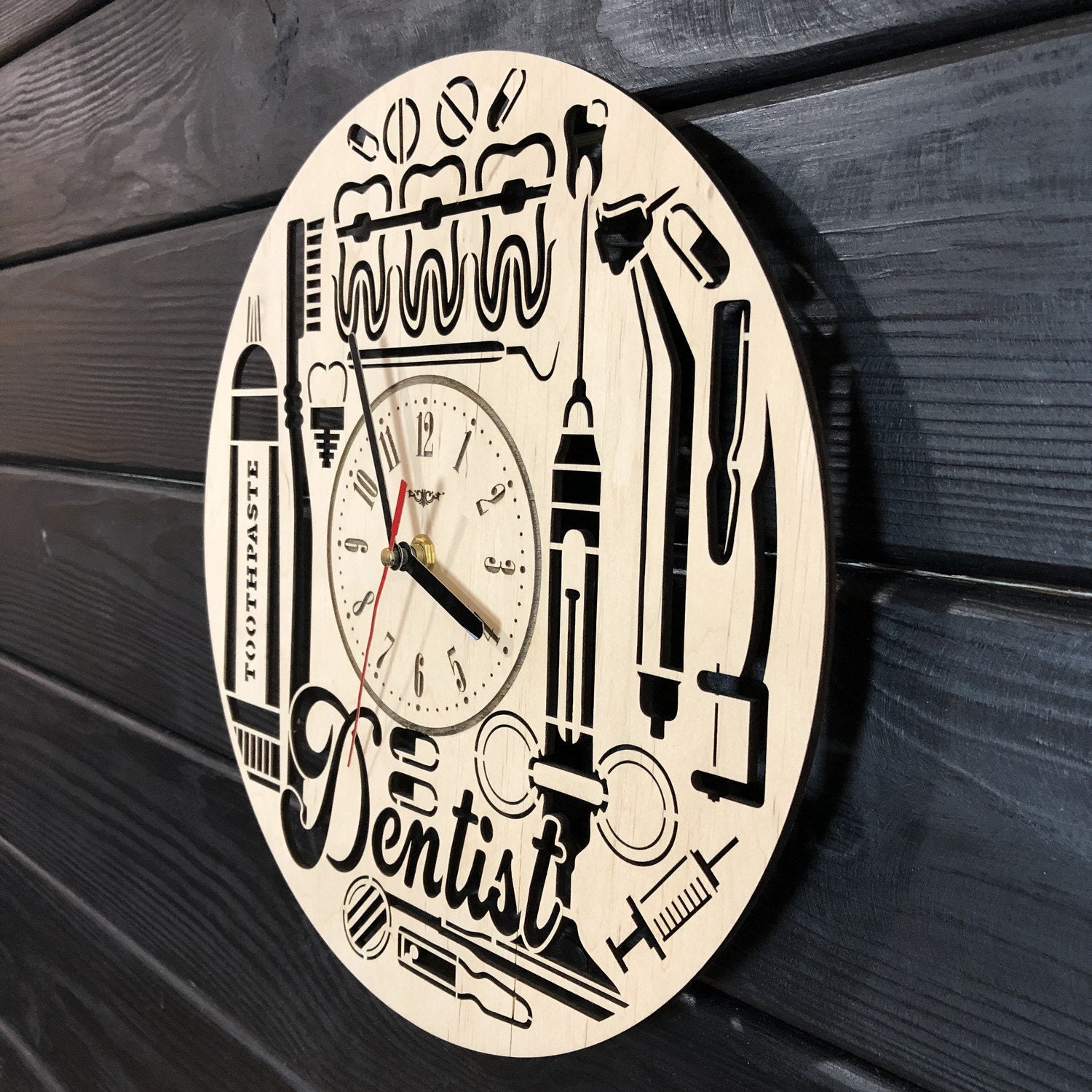 Dentist Wall Clock Wooden Home Dental Clinic Decor Hanging Etsy