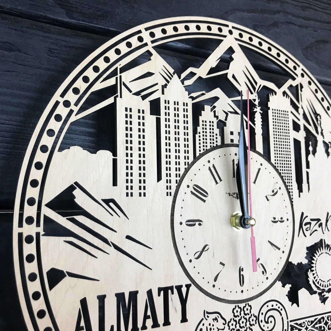 Kazakhstan Almaty Skyline Wall Clock Wood Room Art Decor Gifts Etsy