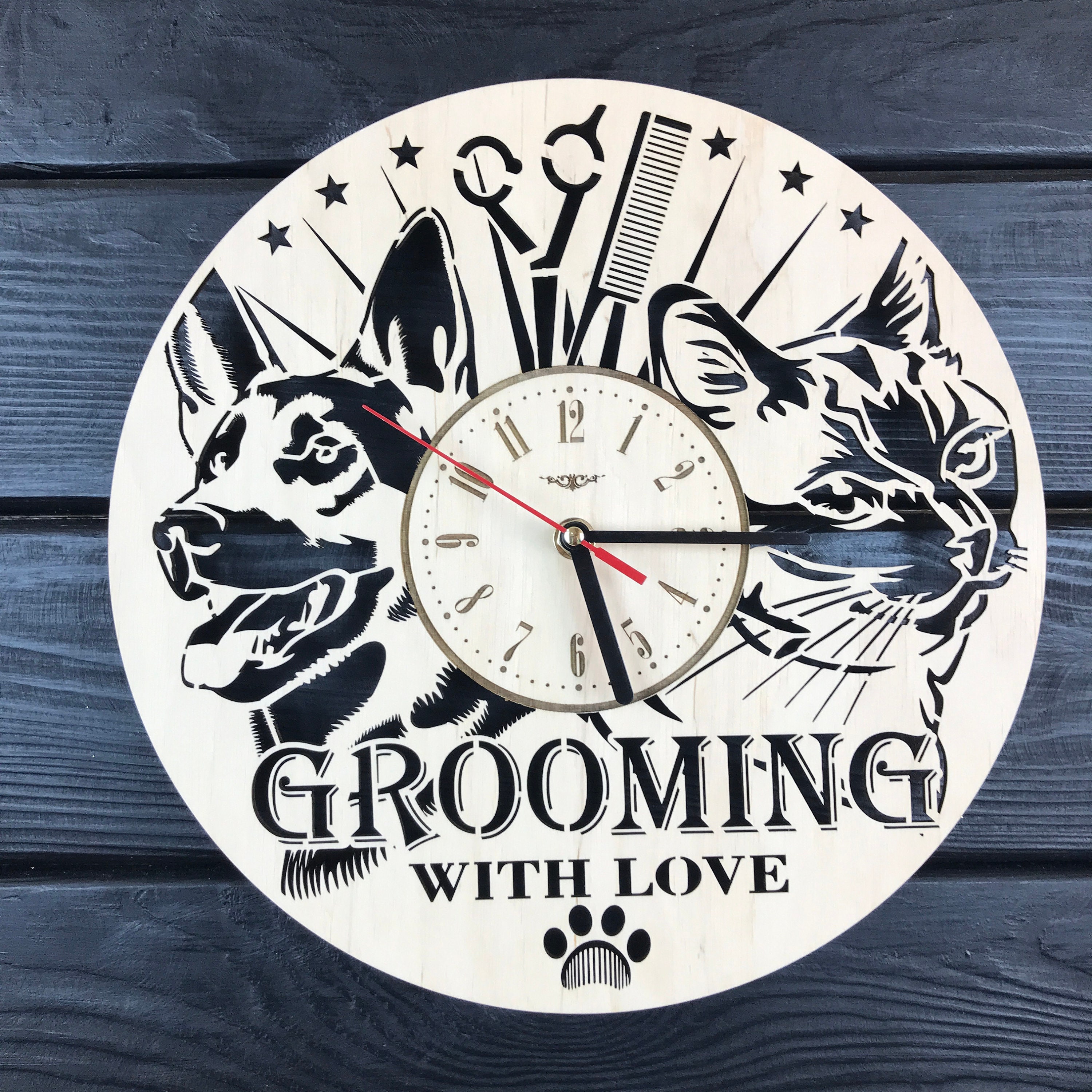 Pet Grooming Wall Clock Wood Home Grooming Salon Decor Gifts Etsy