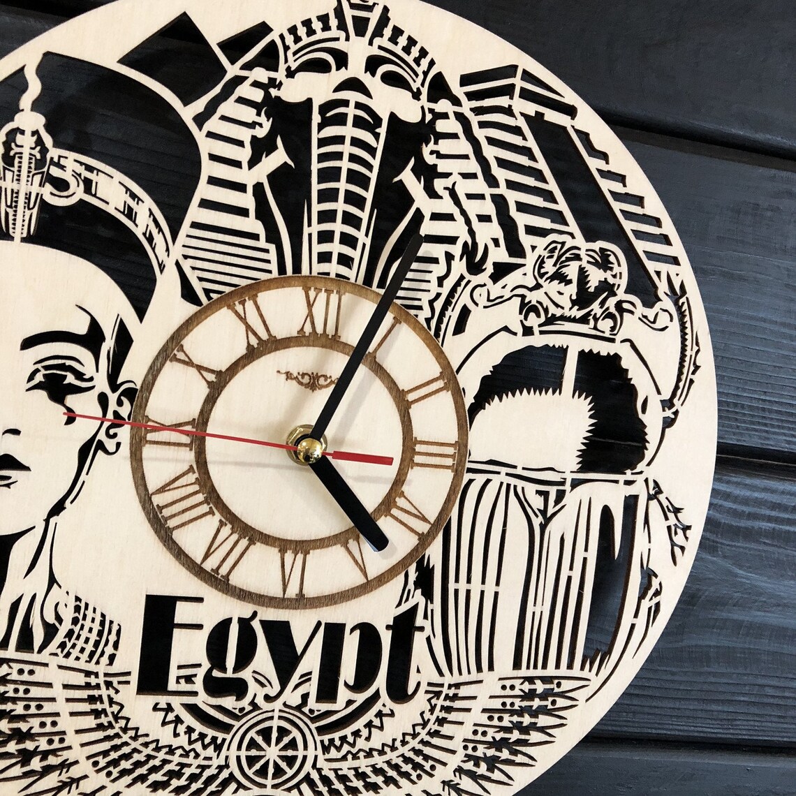 Egypt Wall Clock Wood Room Home Decor Piramides Nefertiti Etsy