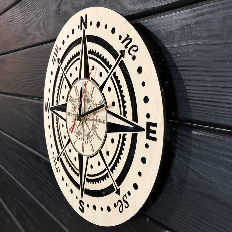 Compass Wall Clock Wooden Home Decor Hanging Ornament Traveler Etsy