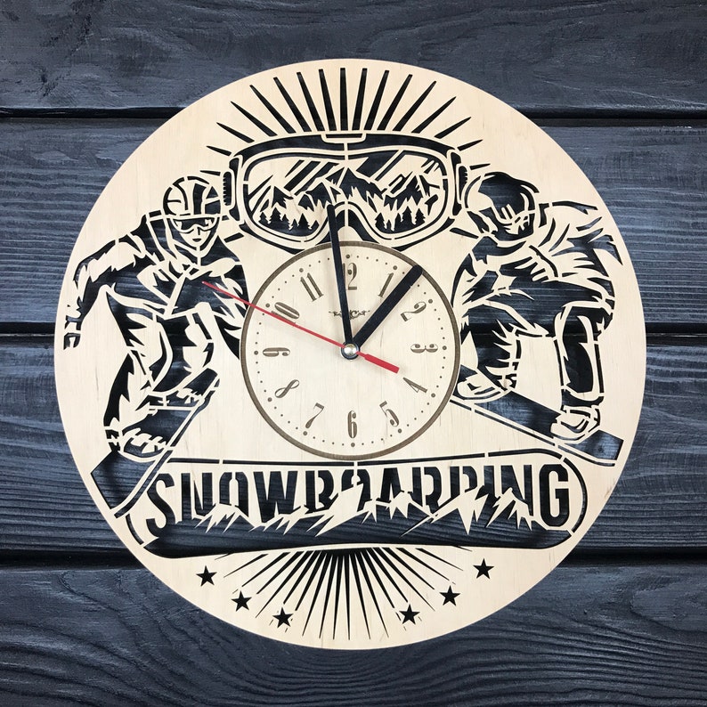 Snowboarding Wall Clock Wood Home Kitchen Decor Ski Sign Unique Snowboarder Gift Man Husband Extreme Sport Lovers Skiing Art Snowboard Clock