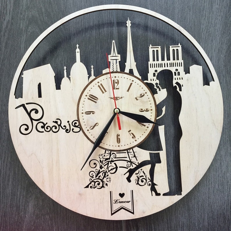 Paris France Skyline Wall Clock Wood Room Home Decor Gifts Theme Romantic Kitchen Office Business Christmas Anniversary Birthday Paris Clock