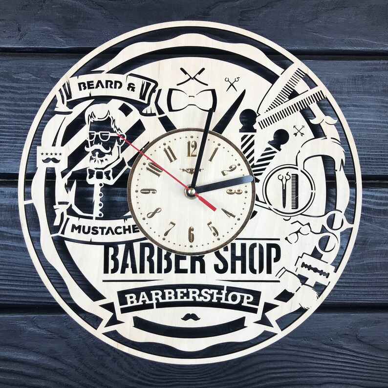 Wall Clock Wood Decor Barber Art Hanging Etsy