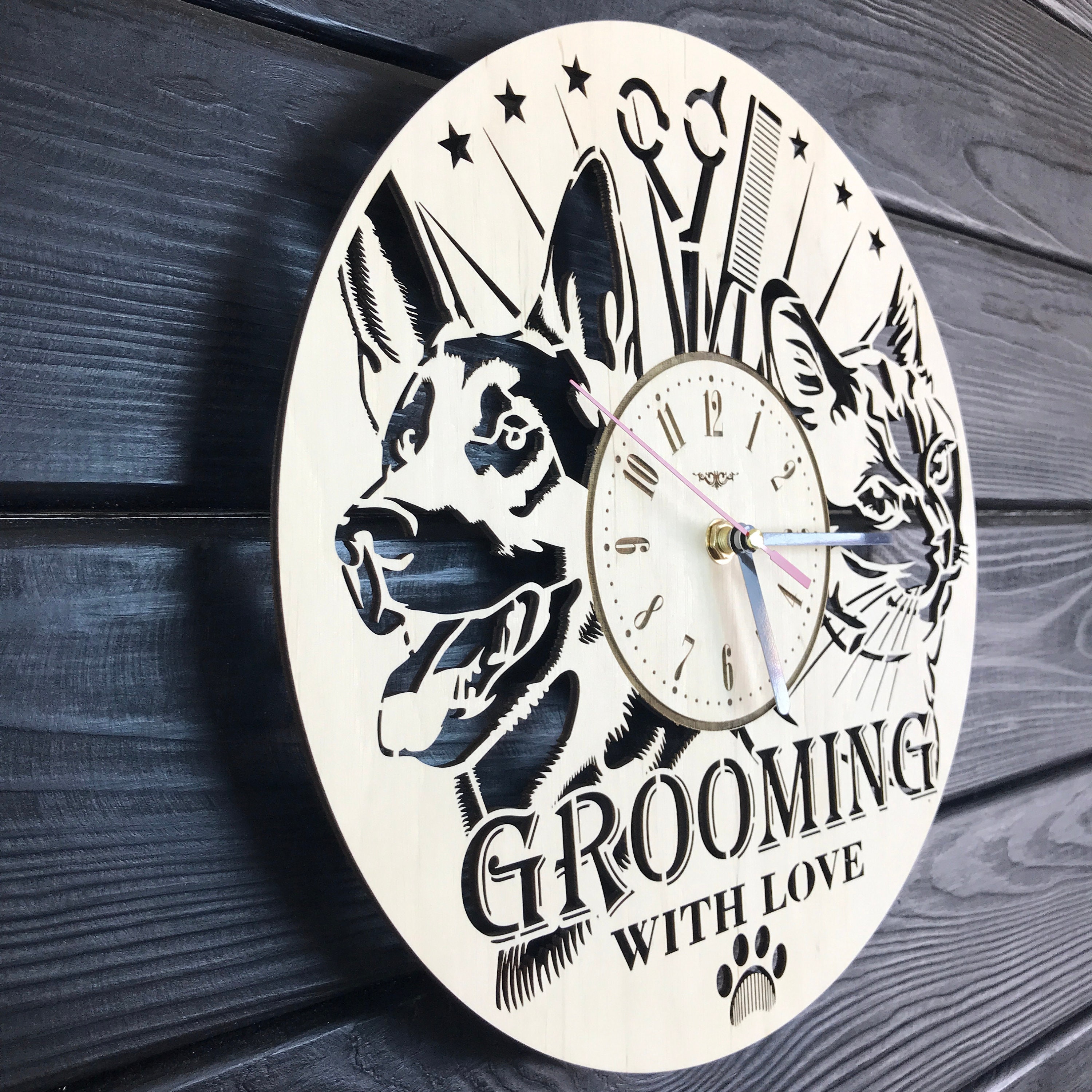 Pet Grooming Wall Clock Wood Home Grooming Salon Decor Gifts Etsy