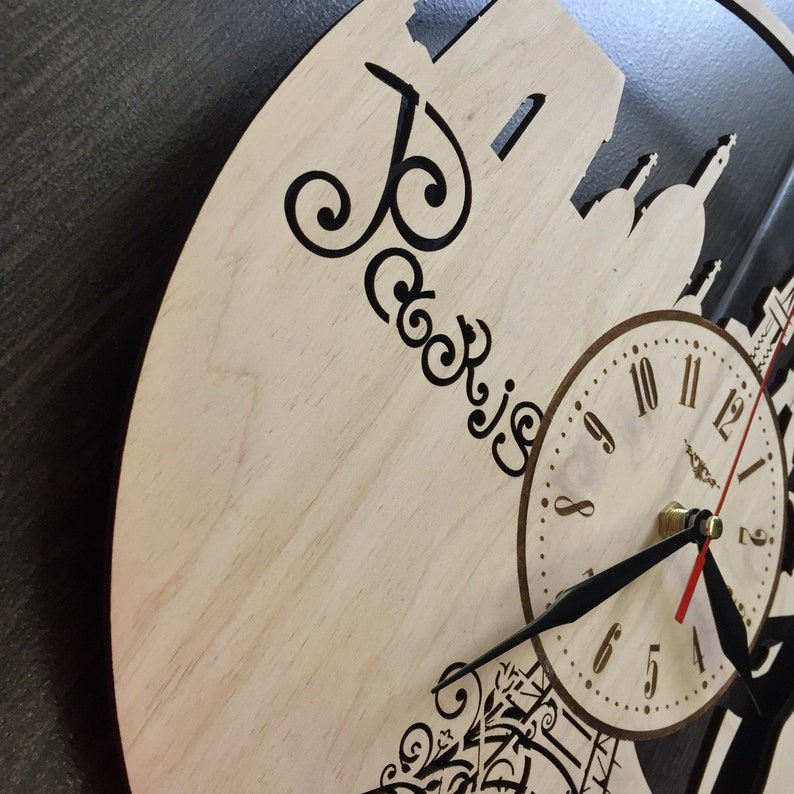 Paris France Skyline Wall Clock Wood Room Home Decor Gifts Theme Romantic Kitchen Office Business Christmas Anniversary Birthday Paris Clock