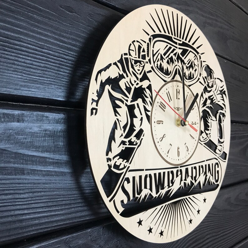 Snowboarding Wall Clock Wood Home Kitchen Decor Ski Sign Unique Snowboarder Gift Man Husband Extreme Sport Lovers Skiing Art Snowboard Clock