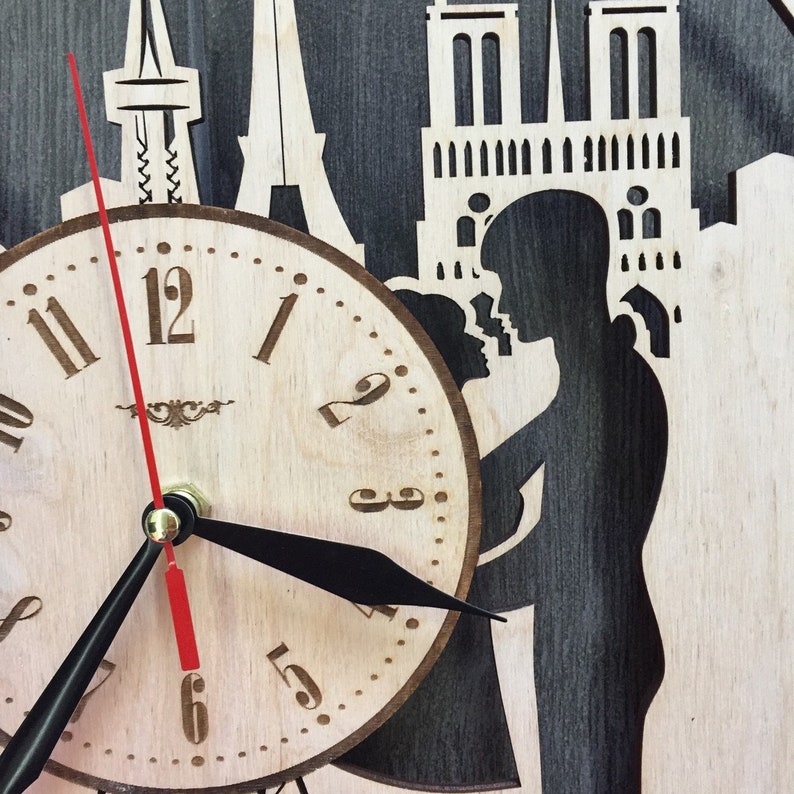 Paris France Skyline Wall Clock Wood Room Home Decor Gifts Theme Romantic Kitchen Office Business Christmas Anniversary Birthday Paris Clock
