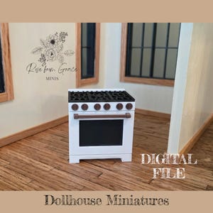 May include: A white dollhouse miniature stove with a black cooktop and oven door. The stove has brown accents on the handles and knobs. The image also includes the text "DIGITAL FILE" and "Dollhouse Miniatures".
