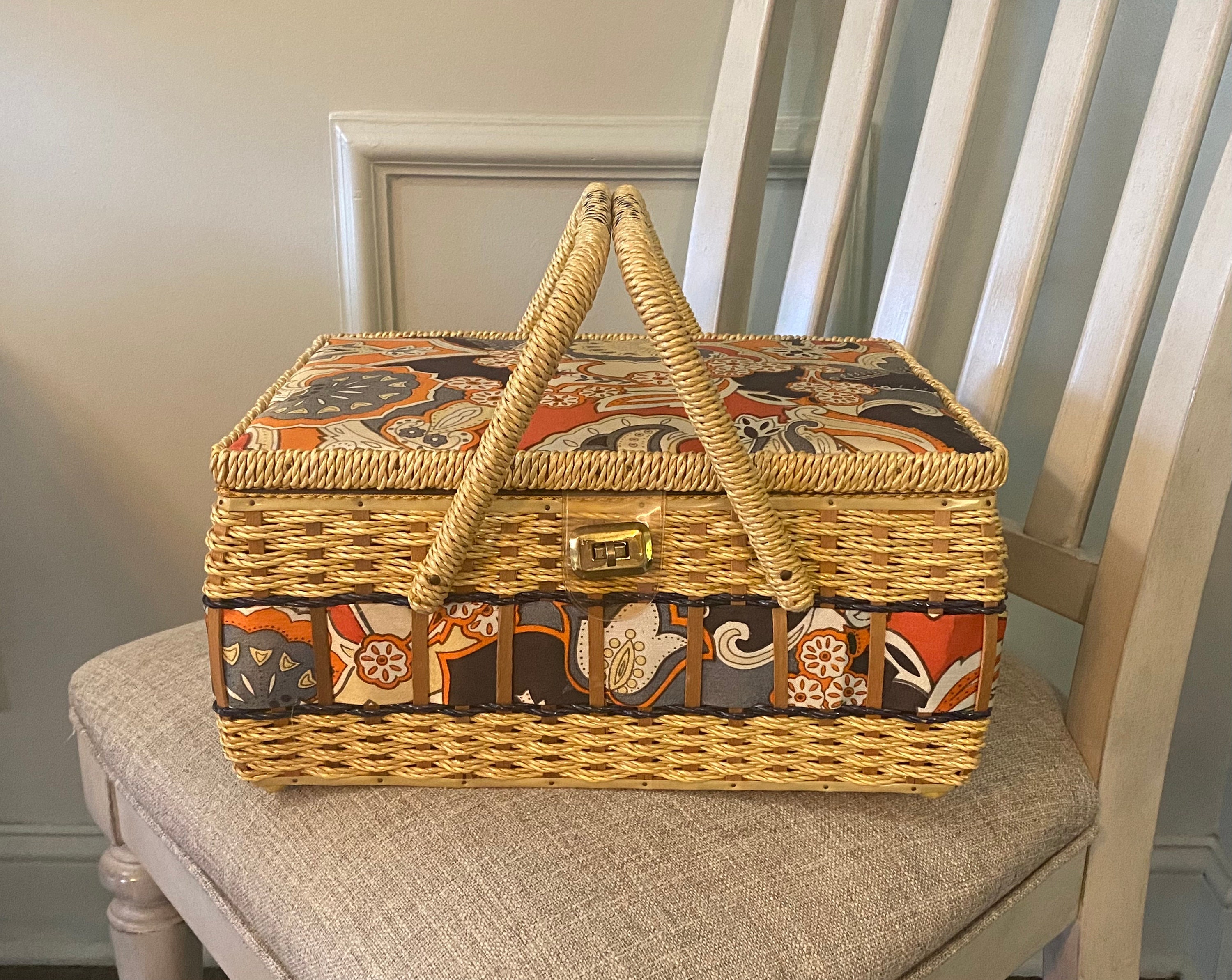 Hermosa gran caja de cesta de costura de mimbre vintage hecha | Etsy