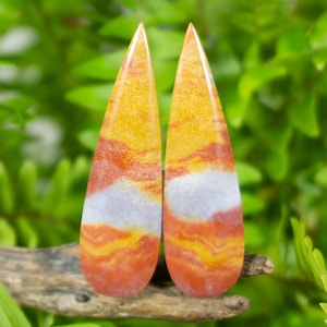 Puede incluir: Dos piedras preciosas en forma de lágrima con un acabado pulido. Las piedras presentan una mezcla de colores, incluyendo amarillo, naranja, blanco y rojo, con una apariencia veteada y estratificada. Las piedras preciosas están sobre un fondo verde borroso.