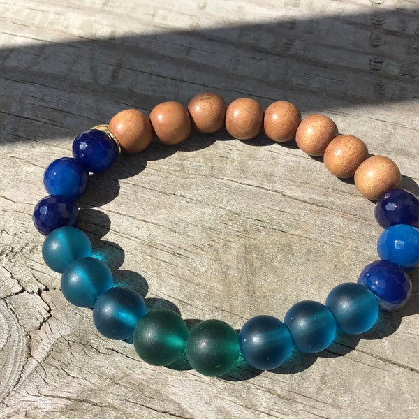 The Earth (h)Ombré Natural Wood, Recycled Beach glass & Agate | Beaded Bracelet