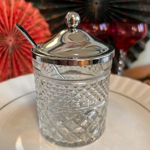 Vintage Cut Glass Jam Pot with Lid & Spoon, Silver Plated Preserve Jar, Sugar Pot, Cottage Kitchen Decor