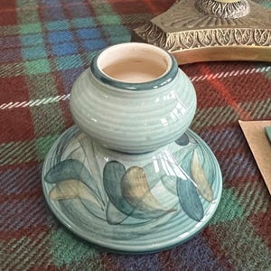 Vintage Jersey Pottery Candlestick, Hand Painted Leaf Design, Botanical Stoneware Candle Holder Decor