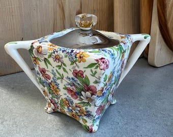 Midwinter Floral Sugar Bowl Coral Plate Vintage Lidded Dish Staffordshire