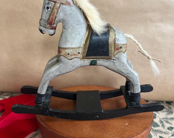 Vintage Wooden Rocking Horse Ornament, Nursery Decor, Collectible Toy Figurine