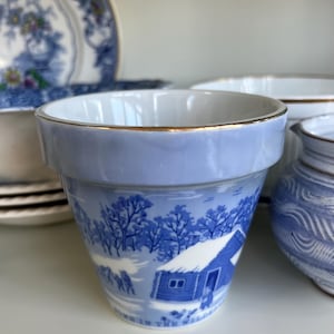 Vintage Currier Ives Blue White Planter, Cache Pot, Cottagecore Ceramic Plant Pot