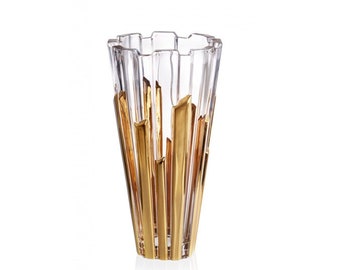 Bohemian Made Design Luxurious Decorative Tabletop Piano Golden Stripe Crystal Glass Flower vase, 12" Height, 6" Wide
