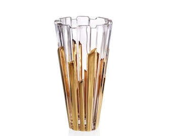 Bohemian Made Design Luxurious Decorative Tabletop Piano Golden Stripe Crystal Glass Flower vase, 12" Height, 6" Wide