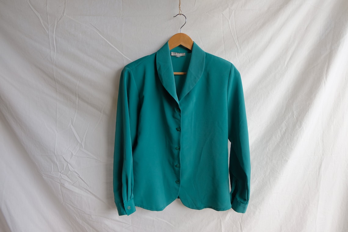Vintage Emerald Green Long Sleeves Shirt Retro Button up Top Etsy