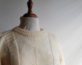 Vintage handmade cream wool jumper - Retro cable knit sweater - Hand knit beige wool jumper - Fisherman sweater