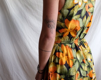 Vintage colorful summer midi dress - Retro tropical dress - Dark blue, orange and green