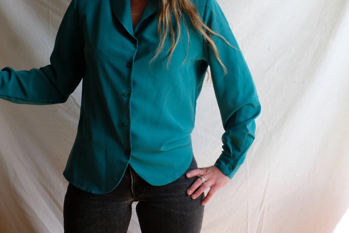 Vintage Emerald green long sleeves shirt Retro button up top Etsy
